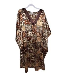 Vtg Winlar Animal Print Patchwork Kaftan Dress Satin One Size Mrs. Roper Mumu